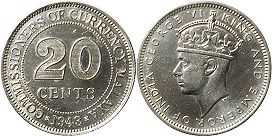 монета Малайя 20 центов 1943