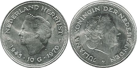 монета Нидерланды 10 гульденов 1970