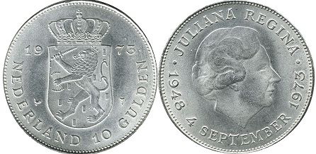 монета Нидерланды 10 гульденов 1973