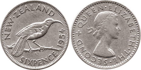 монета Новая Зеландия 6 пенсов 1954