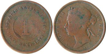 монета Стрэйтс Сеттлментс 1 цент 1874