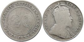 монета Стрэйтс Сеттлментс 20 центов 1910