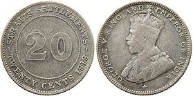 монета Стрэйтс Сеттлментс 20 центов 1919
