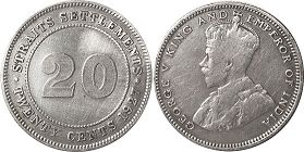 монета Стрэйтс Сеттлментс 20 центов 1927