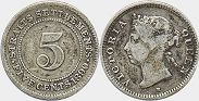 монета Стрэйтс Сеттлментс 5 центов 1890