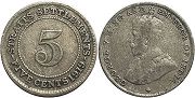 монета Стрэйтс Сеттлментс 5 центов 1919