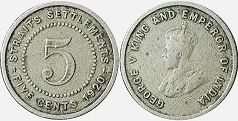 монета Стрэйтс Сеттлментс 5 центов 1920