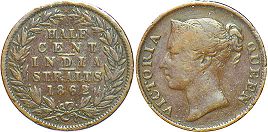 монета Стрэйтс Сеттлментс 1/2 цент 1862