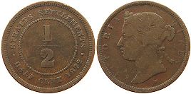 монета Стрэйтс Сеттлментс 1/2 цента 1872