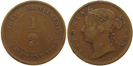 монета Стрэйтс Сеттлментс 1/2 цента 1884