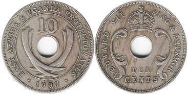 монета Восточная Африка и Уганда 10 центов 1907