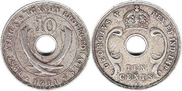 монета Восточная Африка и Уганда 10 центов 1911