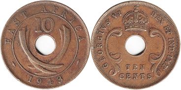 монета Британская Восточная Африка 10 центов 1943