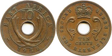 монета Британская Восточная Африка 10 центов 1956
