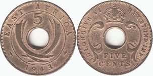 монета Британская Восточная Африка 5 центов 1943
