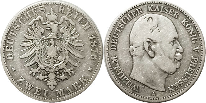 монета Германская Империя 2 марки 1876