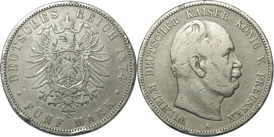 монета Германская Империя 5 марок 1874