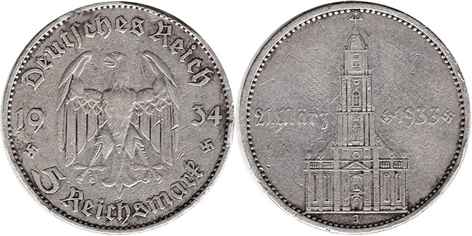 монета Nazi Germany 5 mark 1934