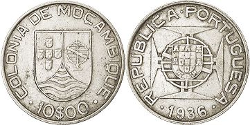 монета Мозамбик 10 эскудо 1936