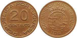 монета Мозамбик 20 сентаво 1941