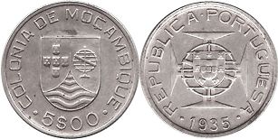 монета Мозамбик 5 эскудо 1935