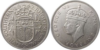 монета Родезия 1/2 кроны 1942