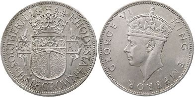 монета Родезия 1/2 кроны 1944