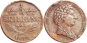 монета Швеция 1/2 скиллинга 1832