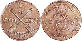 монета Швеция 1/4 скиллинга 1817