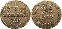 монета Швеция 1/6 скиллинга 1830
