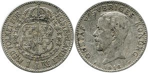 монета Швеция 1 крона 1916