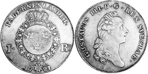 монета Швеция 1 риксдалера 1781