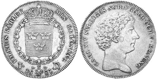 монета Швеция 1 риксдалер 1821