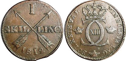 монета Швеция 1 скиллинг 1812