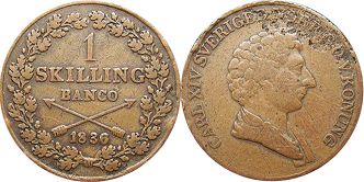 монета Швеция 1 скиллинг 1836