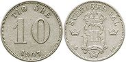 монета Швеция 10 эре 1907