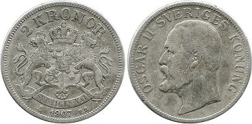 монета Швеция 2 кроны 1907