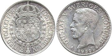 монета Швеция 2 кроны 1939