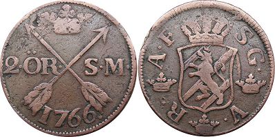 монета Швеция 2 эре SM 1766