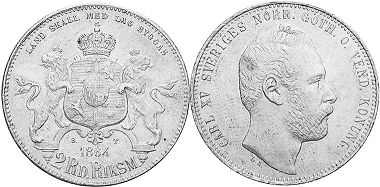 монета Швеция 2 риксдалера 1864