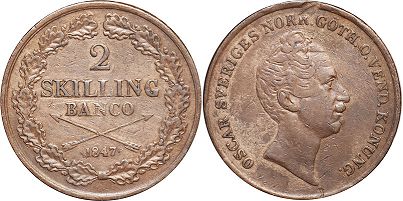 монета Швеция 2 скиллинга 1847