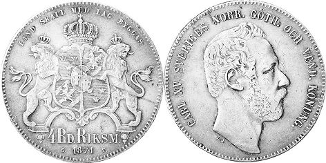 монета Швеция 4 риксдалера 1871