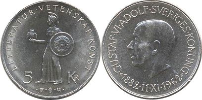монета Швеция 5 крон 1962