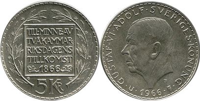 монета Швеция 5 крон 1966