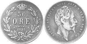 монета Швеция 50 эре 1857