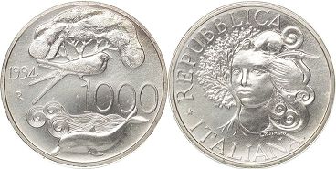 монета Италия 1000 лир 1994