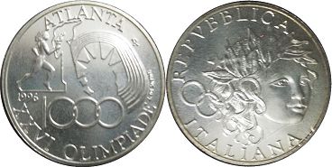 монета Италия 1000 лир 1996