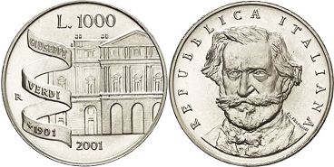 монета Италия 1000 лир 2001