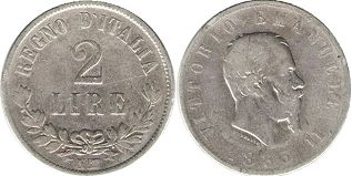 монета Италия 2 лиры 1863