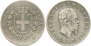 монета Италия 2 лиры 1863